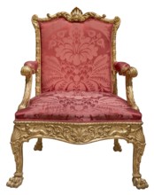 A Beautiful Ornate Throne In Gold With Red Upholstery, Isolated On A White Background