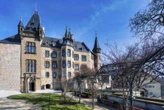 A view of the castle in Wernigerode under a blue sky
