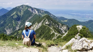 Hiker looks from Herzogstand to the ridge path to Heimgarten