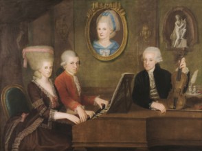 Wolfgang Amadeus Mozart with his sister Maria Anna Nannerl and father Leopold, on the wall a