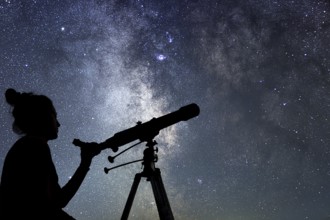Woman with telescope watching the stars. Stargazing woman