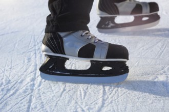 Adult Men's Ice Skates close-up on Ice in Winter outdoor on the move. Rolling and sliding in frosty
