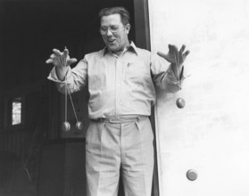 Jojo 1978. A toy that is thrown from the hand and kept spinning as long as possible. The toy has