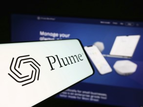 Stuttgart, Germany, 07-11-2024: Cellphone with logo of American company Plume Design Inc. in front