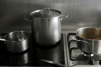 Dirty used stainless steel kitchen cooking stuff, pans