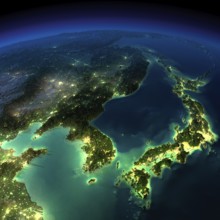 Highly detailed Earth, illuminated by moonlight. The glow of cities sheds light on the detailed