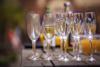 Empty champagne glasses on a table