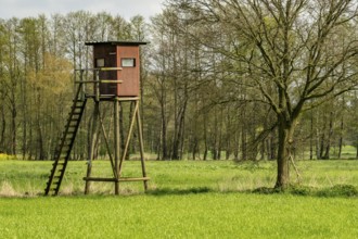 High stand for hunters in the meadow
