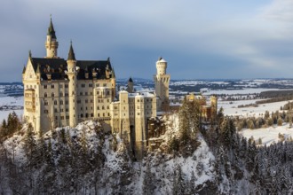 Panoramic view of Neuschwanstein Castle in winter. Germany, Bavaria