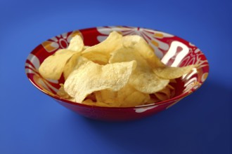 Potato fried chips on red plate over blue background