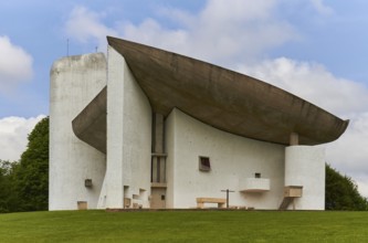 Modern church by Le Corbusier with striking concrete roof construction. Notre Dame du Haut chapel
