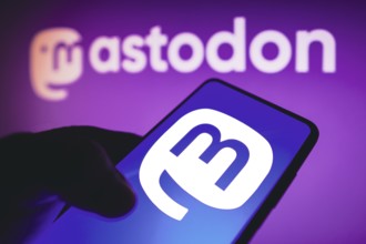 In this photo illustration, the social media platform, Mastodon logo seen displayed on a smartphone