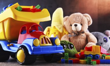 Colorful plastic and plush toys in a children's room