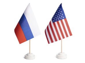 USA and Russia table flag side by side isolated on white background