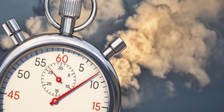 Fast reduce emissions. A stop clock with emissions in background