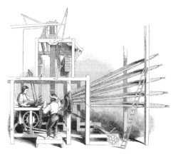A Day at a scotch carpet-factory in Glasgow: Brussels carpet-loom. Engraving from a british