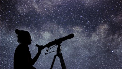 Woman with telescope watching the stars. Stargazing woman and night sky