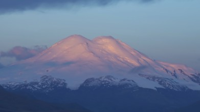 Beautiful view of Mount Elbrus at sunrise, North Caucasus mountains, Russia, Europe