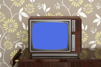 Retro wooden tv on wooden vitage 60s furniture floral wallpaper