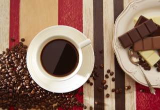 Coffee cup breakfast with chocolate and coffee beans on red brown wooden table