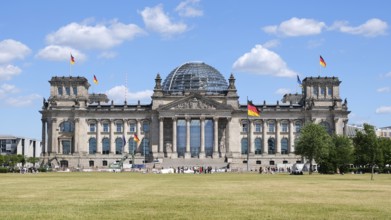 Berlin, Germany, June 21, 2022, frontal view of the Reichstag building, the seat of the German