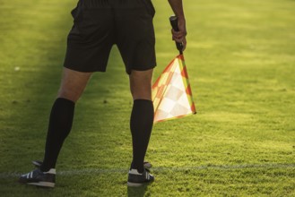 Soccer touchline referee - detail of legs and hand with the flag.