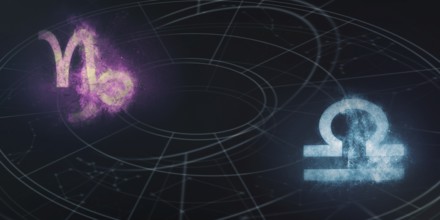 Capricorn and Libra horoscope signs compatibility. Night sky Abstract background
