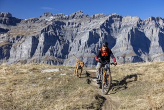 Trail biker and trail dog, Magyar Vizsla, behind Leeshörner, Leukerbad, Valais, Switzerland, Europe