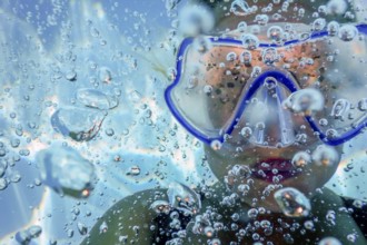 Underwater Woman Snorkeling Mask Bubbles Close Up Portrait, Swimming Pool, Vacation, Fun, Lifestyle