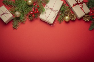 Christmas or New Year celebration red paper festive background with decoration fir tree, wrapped