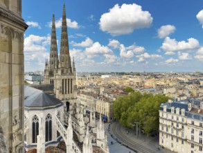 Aerial cityscape view on the old town of Bordeaux city with st Andrew cathedral during a sunny day