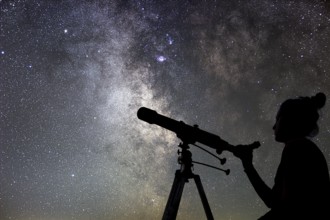 Woman and night sky. Watching the stars Woman with telescope