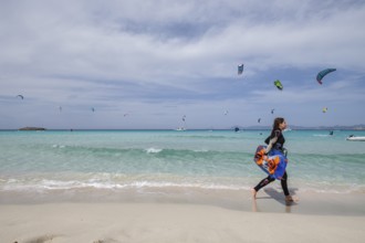 Kitesurfing on Illete beachFormentera, Pitiusas Islands, Balearic Community, Spain, Europe