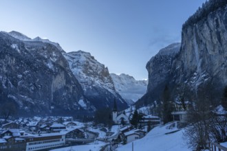 Lauterbrunnen Valley and Snowy Mountains in Winter Morning. Swiss Alps. Switzerland