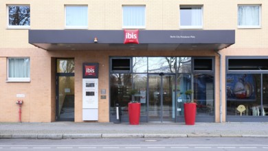 Berlin, Germany, December 20, 2021, entrance and front view of the Ibis Hotel at Potsdamer Platz,
