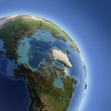 A fragment of the Earth with high relief, detailed surface, translucent ocean and atmosphere,