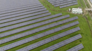 Rows of solar panels covering a large field with an overcast sky