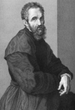Michelangelo (1475-1564) on copper engraving from 1841. Italian Renaissance painter, sculptor,