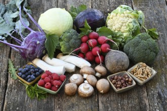 Healthy food, berries, cabbage, radishes, king oyster mushrooms, raspberries, nuts, blueberries,