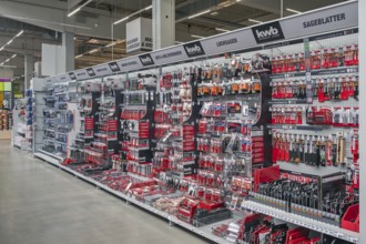 Shelf with kwb drills, hole saws and saw blades in a DIY store, Allgäu, Swabia, Bavaria, Germany,
