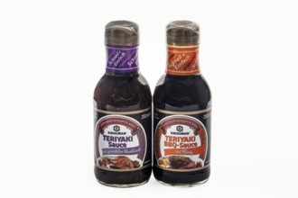 WETZLAR, Germany - 2022-07-17: Two Bottles of Kikkoman Teriyaki Sauce. In 1917 the Japanese Mogi