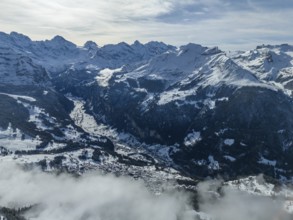 Lauterbrunnen Valley and Snowy Mountains in Winter. Swiss Alps. Switzerland. Aerial View over