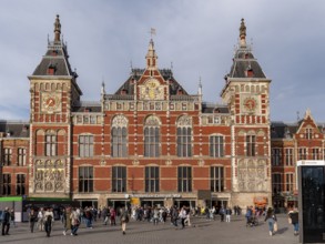 Impressive façade with two towers Neo-Renaissance building of Amsterdam Central Station, Amsterdam,