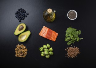 Set of food products as healthy fat sources, ingredients rich in Omega fatty acids: salmon fillet,