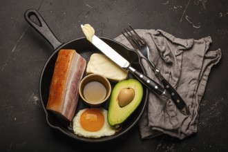 Main keto foods as butter, olive oil, fried egg, avocado, fat meat bacon for ketogenic diet on