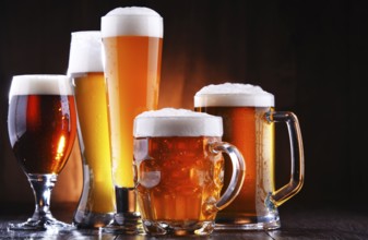 Composition with glasses of beer of various kinds