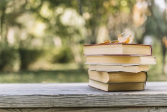 Piled books table