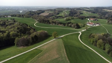 Idyllic, agricultural landscape in Upper Bavaria, scattered farms, drone shot, Upper Bavaria,