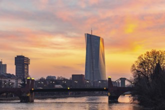 View across the Main to the ECB. Sunrise in the background of the buildings. Taken in the morning