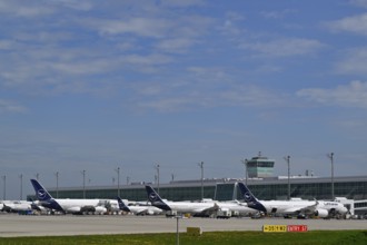 Various Lufthansa aircraft at check-in position in front of satellite, Terminal 2, Terminal 2,